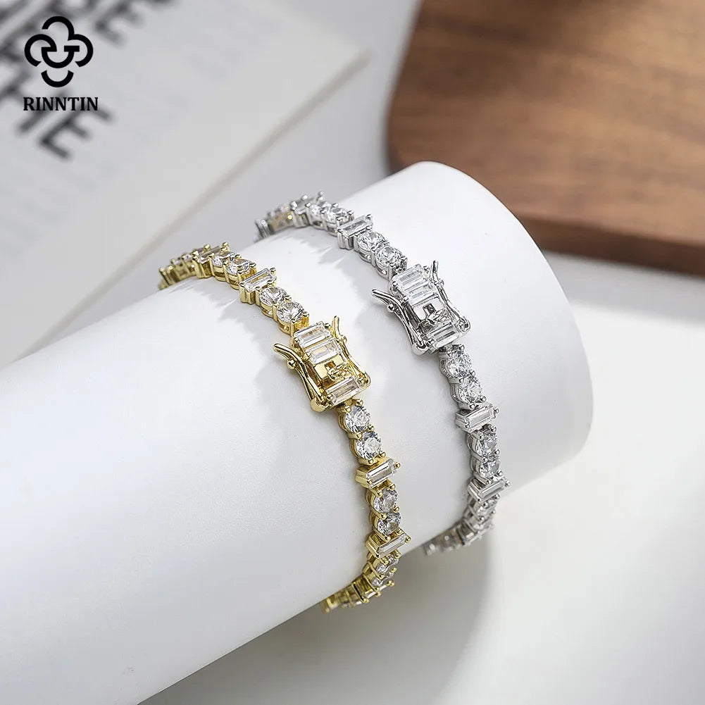 Rinntin 14K Gold Plated Hip Hop AAAAA Cubic Zirconia Tennis Bracelet 925 Sterling Silver 2025 Sparkling Crystal Jewelry SB208