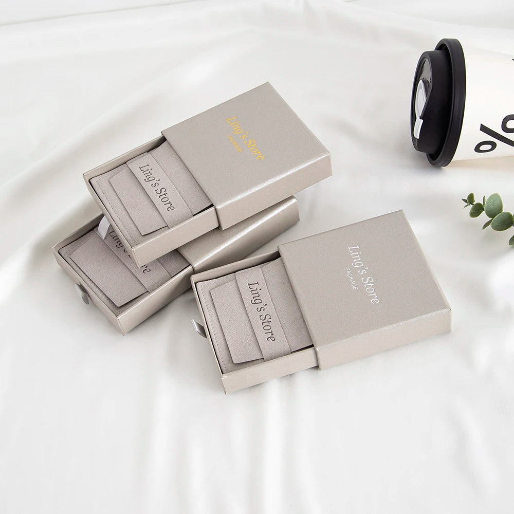 24Sets Personalized Custom Logo Jewelry Gift Box with High Quailty Microfiber Velvet Envelope Bag Rings Earrings Organizer Pouch