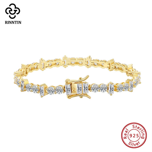 Rinntin 14K Gold Plated Hip Hop AAAAA Cubic Zirconia Tennis Bracelet 925 Sterling Silver 2025 Sparkling Crystal Jewelry SB208